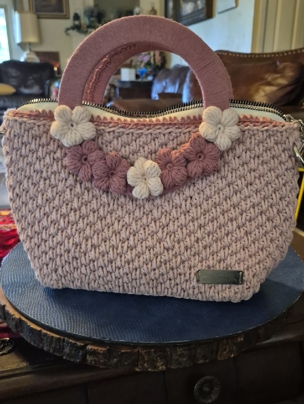 Handmade By Feyzolfey. Pink Crochet Floral Top-Handle Bag Perfect For Summer(#